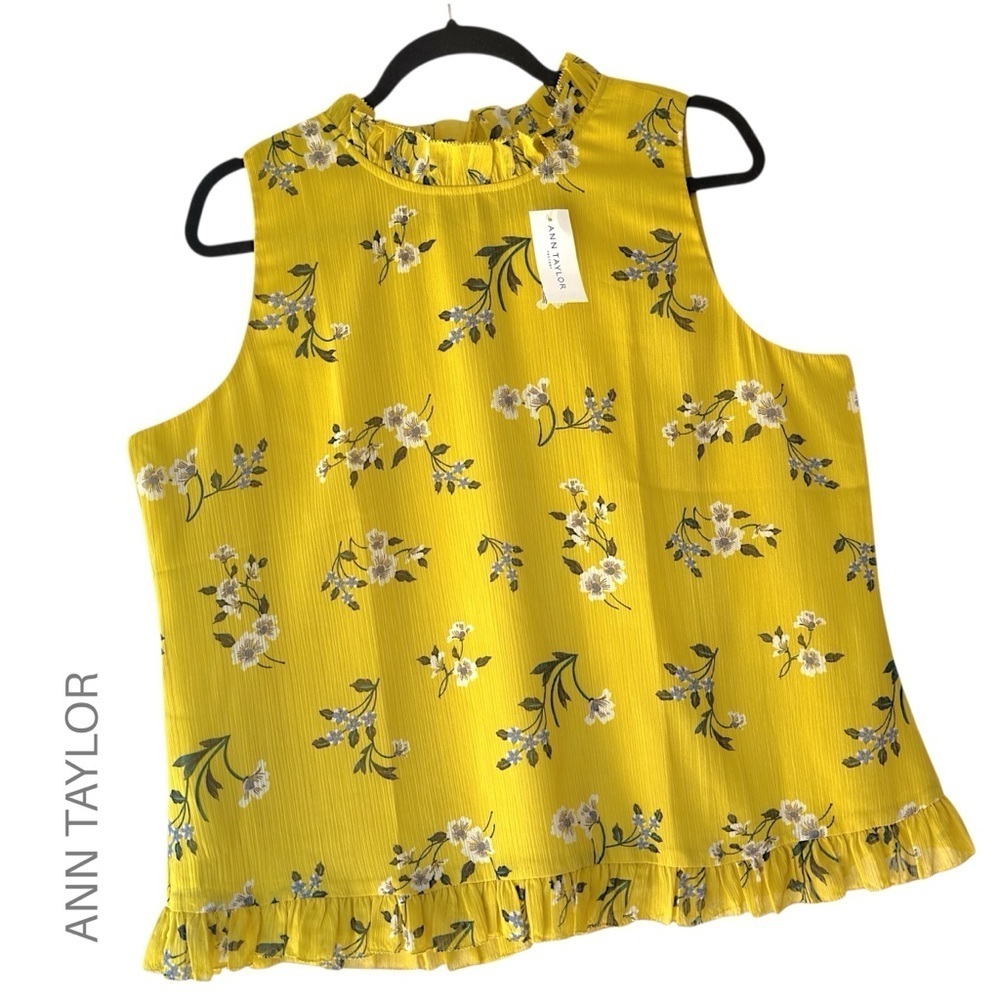 NWT | ANN TAYLOR SLEEVELESS FLORAL RUFFLE NECK & HEMLINE TOP LINED | LARGE